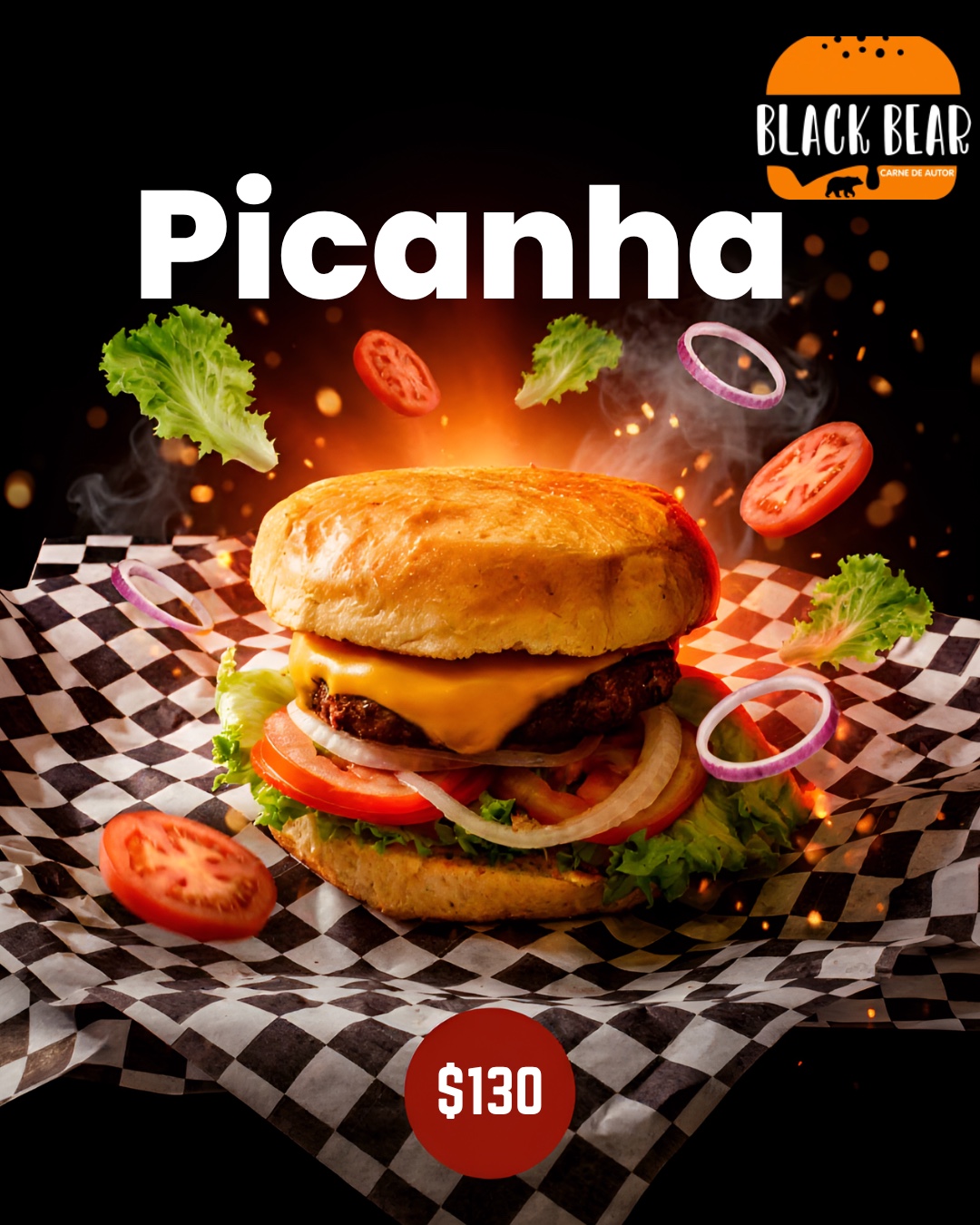 Hamburguesa Black Bear con queso, vegetales y pan dorado, sobre nuestro papel cuadriculado